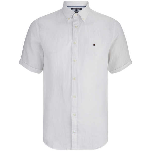 Tommy Hilfiger Men's Solid Linen Short Sleeve Shirt Classic White