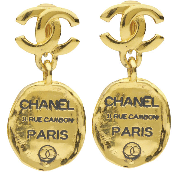 Susan Caplan Vintage Chanel Gilt Metal 'Chanel' Tag Drop Earrings ...