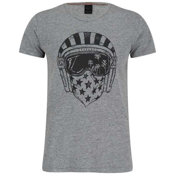 REPLAY Men's Helmet Print T-Shirt - Grey Melange Clothing ...