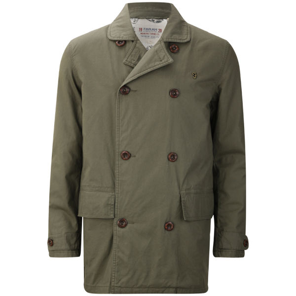Farah 1920s Men's Double Breasted Trench Coat - Dark Olive Clothing ...