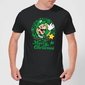 Nintendo Super Mario Luigi Merry Christmas Wreath Black T-Shirt