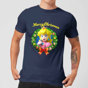 Nintendo Super Mario Peach Merry Christmas Wreath Navy T-Shirt