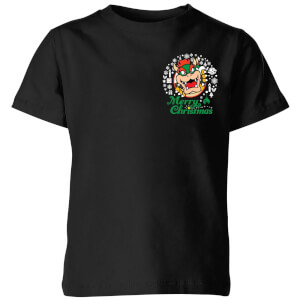 T-Shirt de Noël Enfant Bowser Joyeux Noël Couronne de Noël Poche - Super Mario Nintendo - Noir