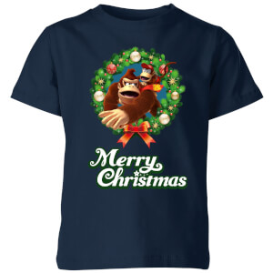 Nintendo Donkey Kong Wreath Merry Christmas Kid's T-Shirt - Navy