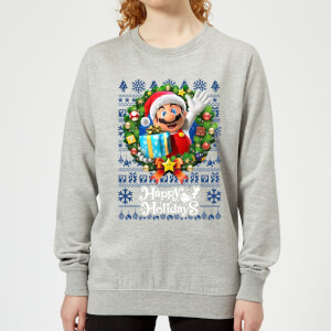 Nintendo Super Mario Happy Holidays Mario Women's Christmas Sweatshirt - Grey