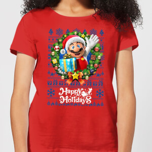 Nintendo Super Mario Happy Holidays Mario Women's Christmas T-Shirt - Red