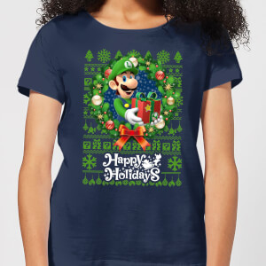 Nintendo Christmas Happy Holidays Luigi Damen T-Shirt - Navy Blau