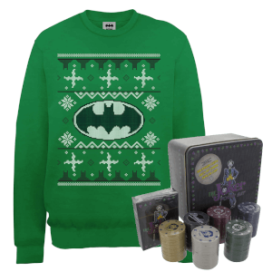 DC Batman Logo Christmas Jumper And Joker Poker Bundle - Kelly Green