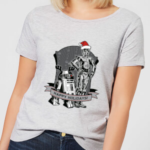 Star Wars Happy Holidays Droids Women's Christmas T-Shirt - Grey