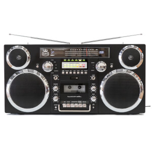 GPO Brooklyn Portable 1980s Retro Style Music System Boombox with CD, Cassette, DAB Radio & Bluetooth - Black