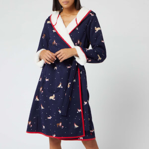 Joules Women's Ida Jersey Fleece Xmas Dogs Dressing Gown - Navy