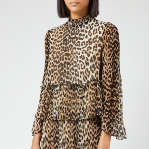 Ganni Women's Pleated Georgette Top - Leopard