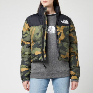 The North Face Women's Nuptse Crop Jacket - Burnt Olive Green Waxed Camo Print