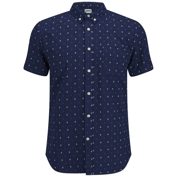 Edwin Men's Classic Short Sleeve Cotton Slim Shirt Indigo Check