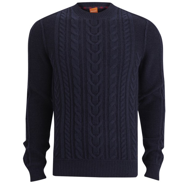 BOSS Orange Men's Kaas Cable Knitted Jumper - Navy - Free UK Delivery ...