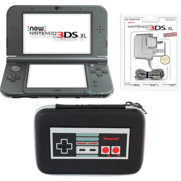 New Nintendo 3DS XL Metallic Black + Retro NES Controller Case Pack