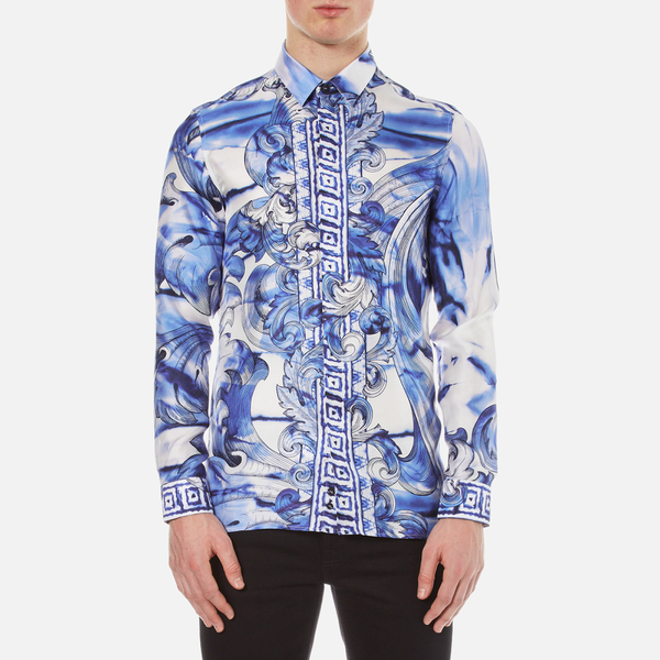 Versace Collection Men's Printed Silk Shirt - Blue - Free UK Delivery ...