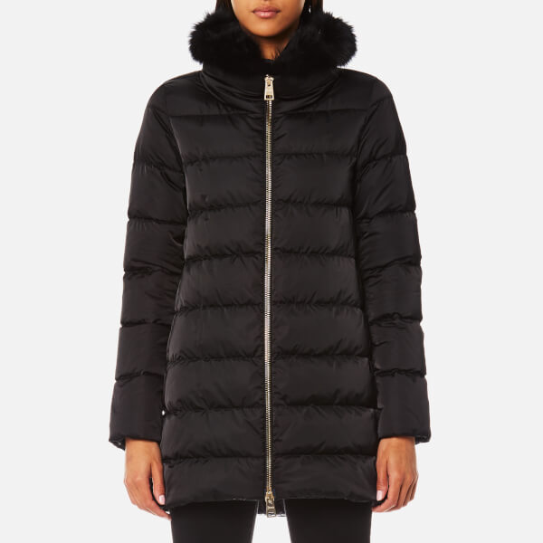 Herno Women's Woven Fur Trim Down Coat Black Free UK Delivery over £50