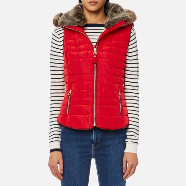 Joules Women's Melbury Padded Gilet with Faux Fur Hood - Red Womens ...