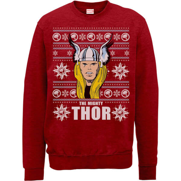 Marvel Comics The Mighty Thor Face Christmas Knit Red Christmas Sweatshirt Merchandise | Zavvi USA