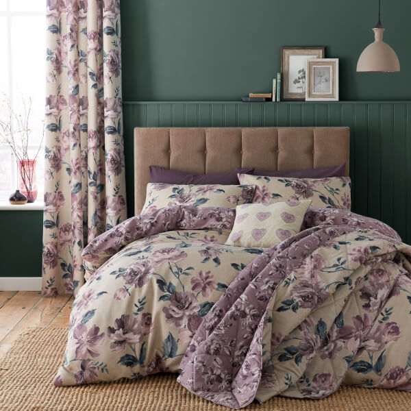 Catherine Lansfield Painted Floral Easy Care Double Duvet Set Plum