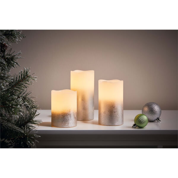 3 Silver Ombre LED Pillar Candles (Battery Operated) Homebase