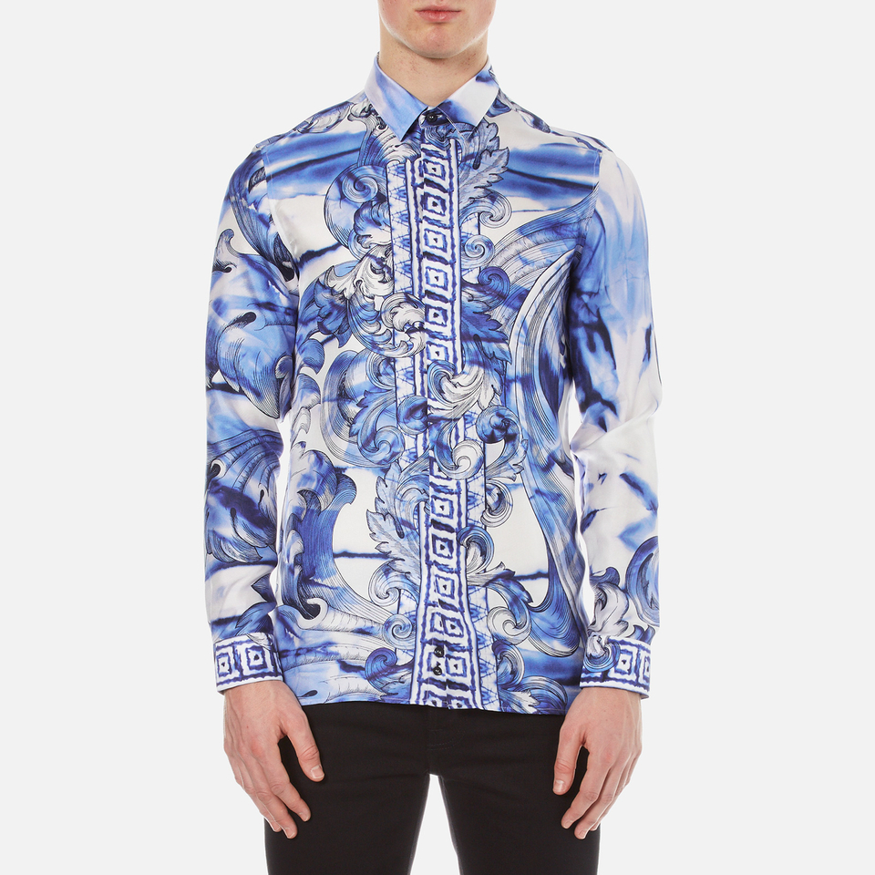 Versace Collection Men's Printed Silk Shirt Blue Free UK Delivery