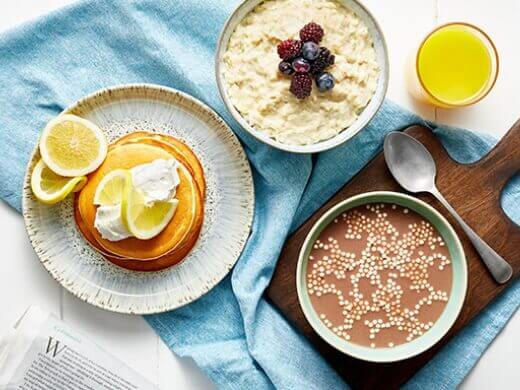 Selection of exante breakfast range including Pancakes, Choco Puffs and Porridge